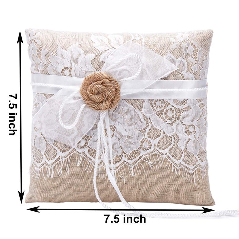 Amajoy Vintage Rustic Burlap Lace Wedding Ring Pillow Ring Bearer Pillow 7.5 inch x 7.5 inch - Image 2